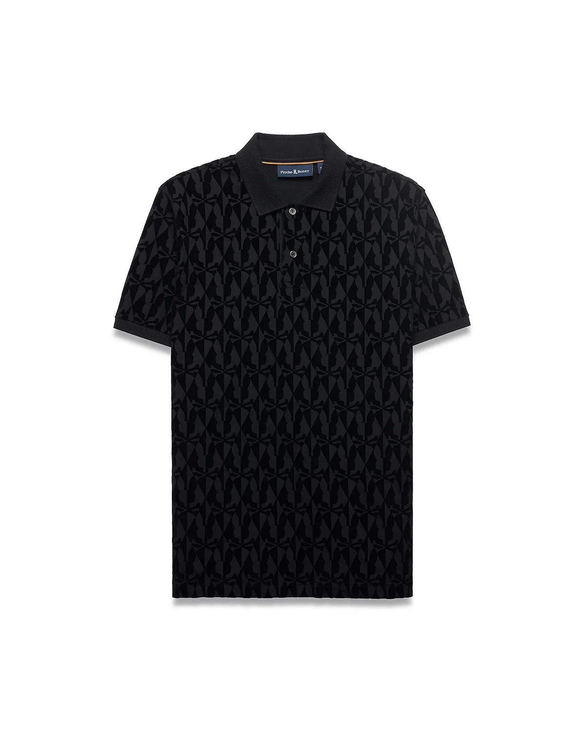 Men's Angus Flocked Polo, black classic fit pique polo featuring an all-over tonal flocked Psycho Bunny skull logo pattern and two-button placket. (5)