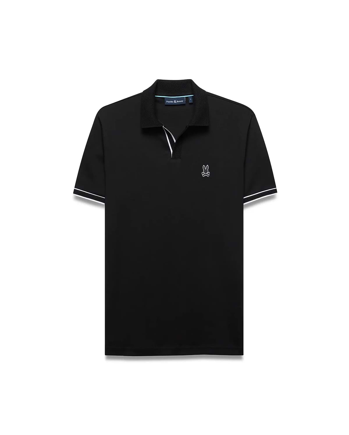 Mens Nasser Interlock Johnny Collar Polo in classic black interlock knit, featuring a white embroidered Psycho Bunny skull logo on the left chest, a Johnny collar, and white double-stripe cuffs.