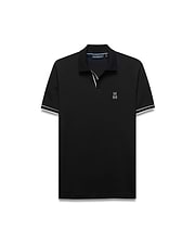 Mens Nasser Interlock Johnny Collar Polo in classic black interlock knit, featuring a white embroidered Psycho Bunny skull logo on the left chest, a Johnny collar, and white double-stripe cuffs.