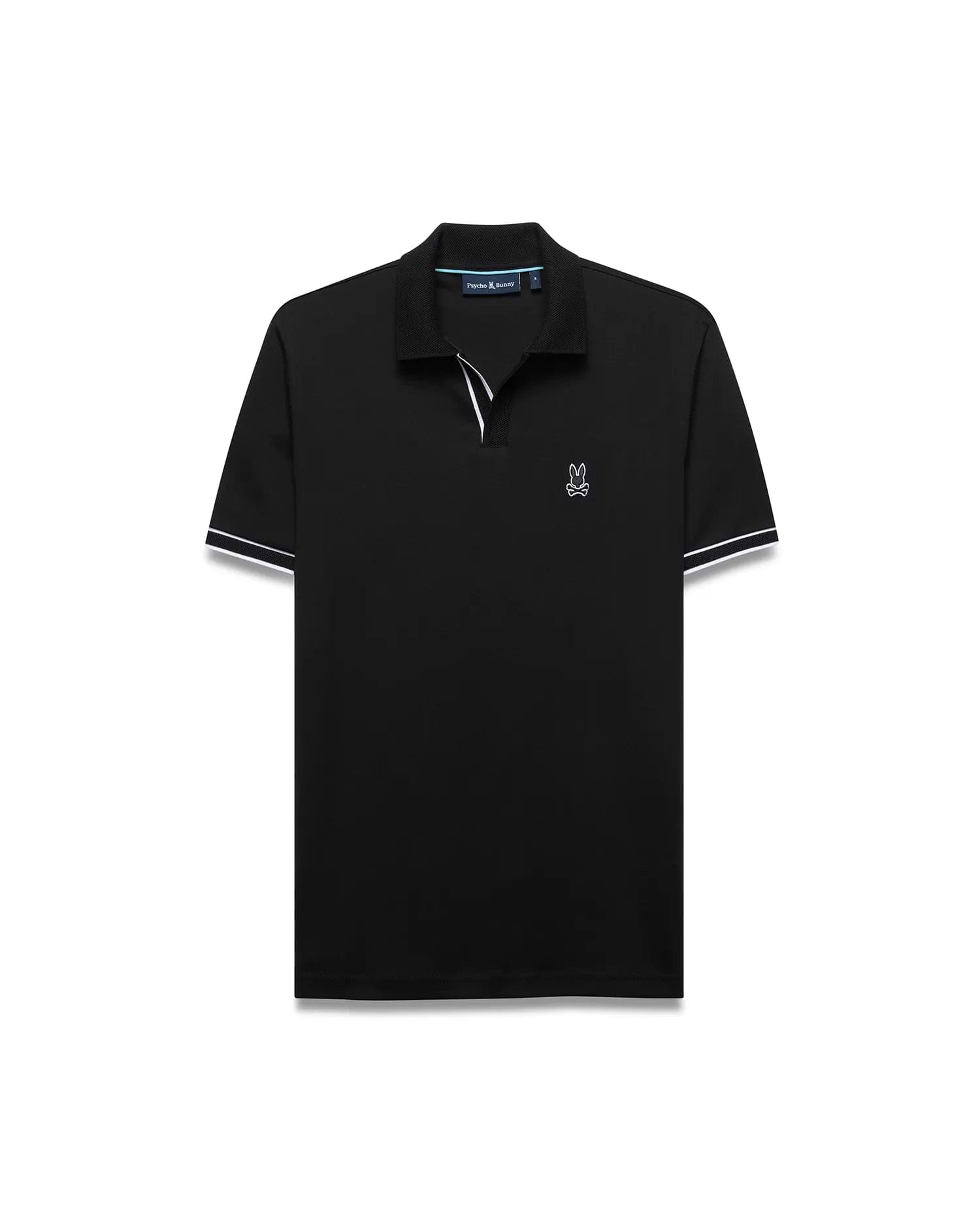 Mens Nasser Interlock Johnny Collar Polo in classic black interlock knit, featuring a white embroidered Psycho Bunny skull logo on the left chest, a Johnny collar, and white double-stripe cuffs.