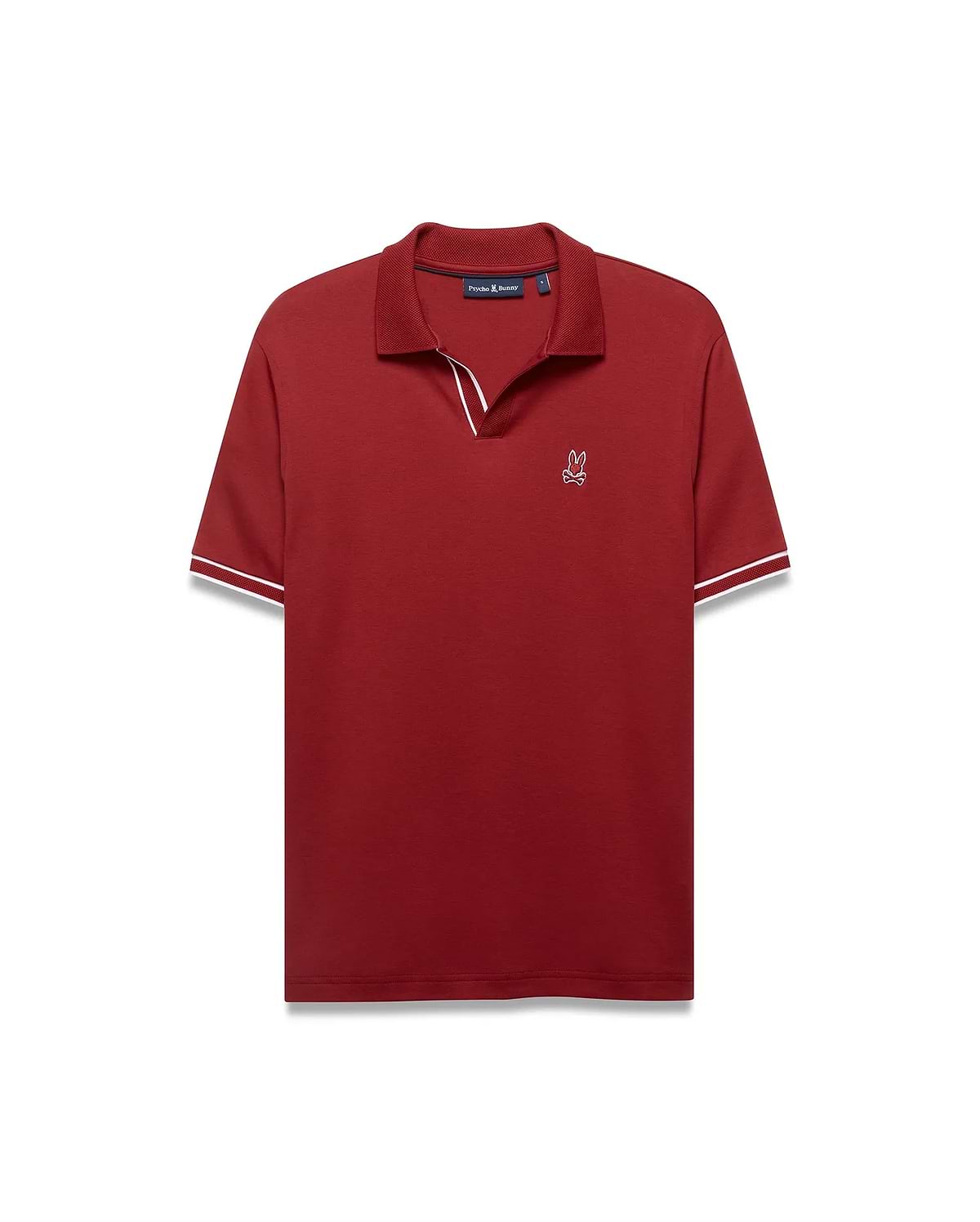Men's Nasser Johnny Collar Polo, a classic fit deep red jersey polo with a Johnny collar, white tipping on collar and ribbed cuffs, and a small white embroidered Psycho Bunny skull logo on the left chest. (5)