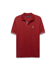 Men's Nasser Johnny Collar Polo, a classic fit deep red jersey polo with a Johnny collar, white tipping on collar and ribbed cuffs, and a small white embroidered Psycho Bunny skull logo on the left chest. (5)