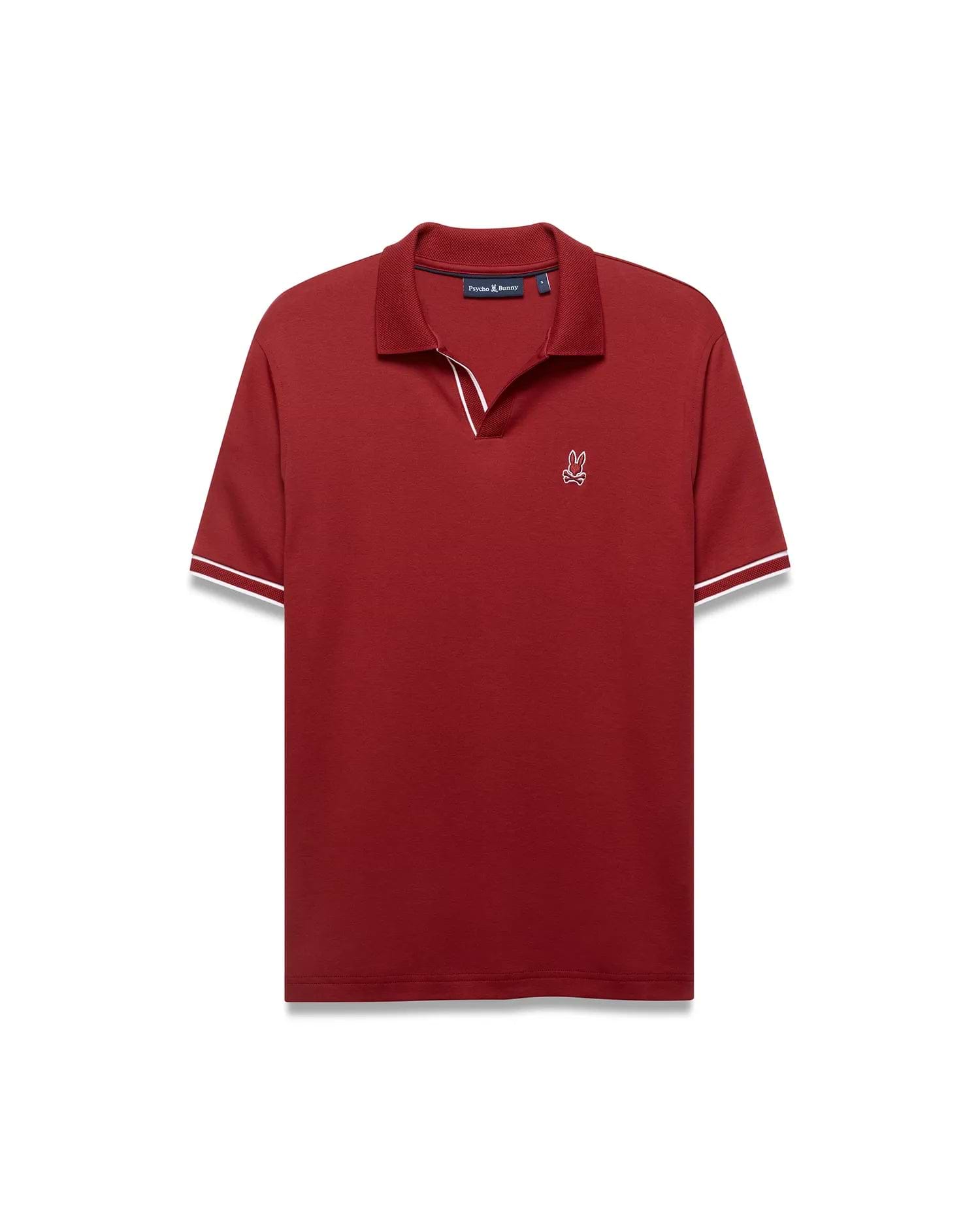 Men's Nasser Johnny Collar Polo, a classic fit deep red jersey polo with a Johnny collar, white tipping on collar and ribbed cuffs, and a small white embroidered Psycho Bunny skull logo on the left chest. (5)