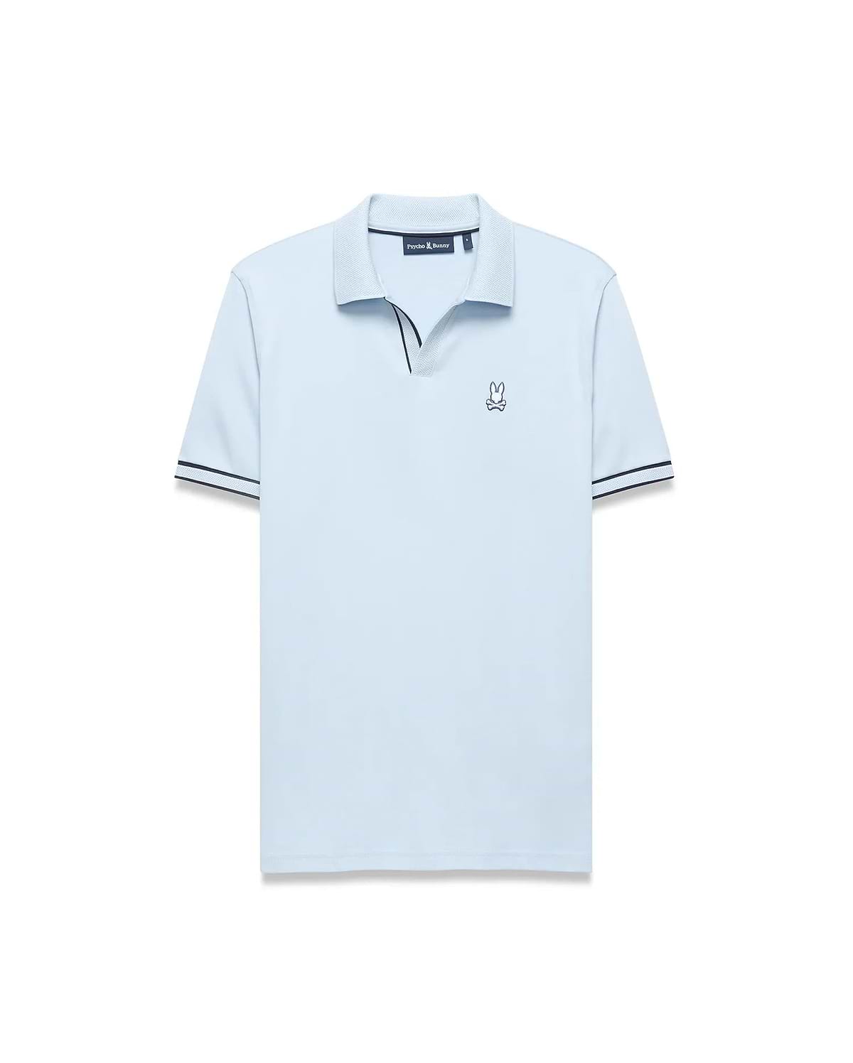 Mens Nasser Interlock Johnny Collar Polo in light blue, classic fit, smooth interlock, textured collar with navy/white tipping, navy V-neck, and embroidered Psycho Bunny logo on left chest.