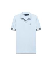 Mens Nasser Interlock Johnny Collar Polo in light blue, classic fit, smooth interlock, textured collar with navy/white tipping, navy V-neck, and embroidered Psycho Bunny logo on left chest.