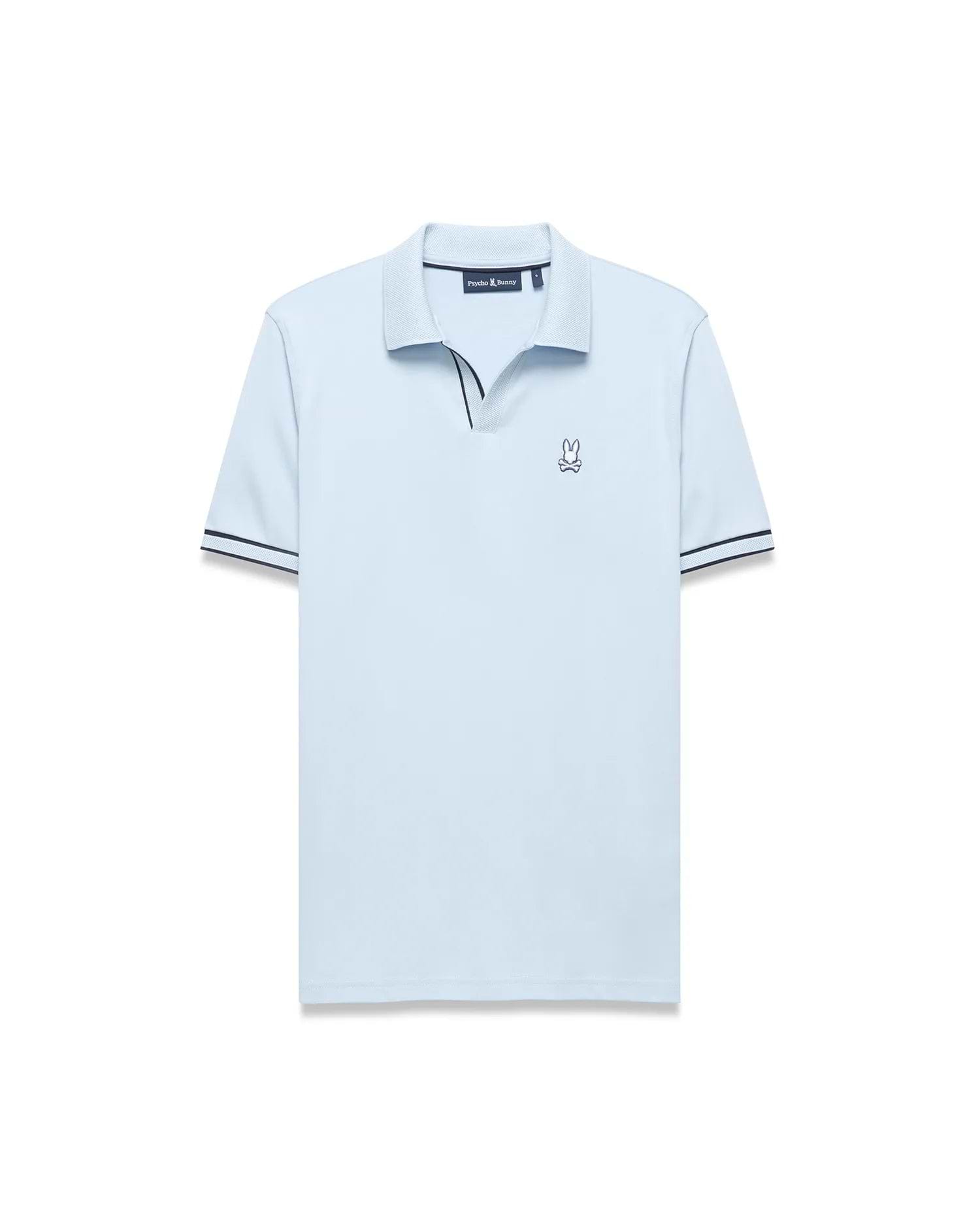 Mens Nasser Interlock Johnny Collar Polo in light blue, classic fit, smooth interlock, textured collar with navy/white tipping, navy V-neck, and embroidered Psycho Bunny logo on left chest.