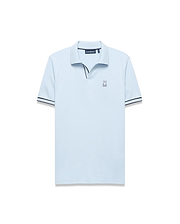 Mens Nasser Interlock Johnny Collar Polo in light blue, classic fit, smooth interlock, textured collar with navy/white tipping, navy V-neck, and embroidered Psycho Bunny logo on left chest.