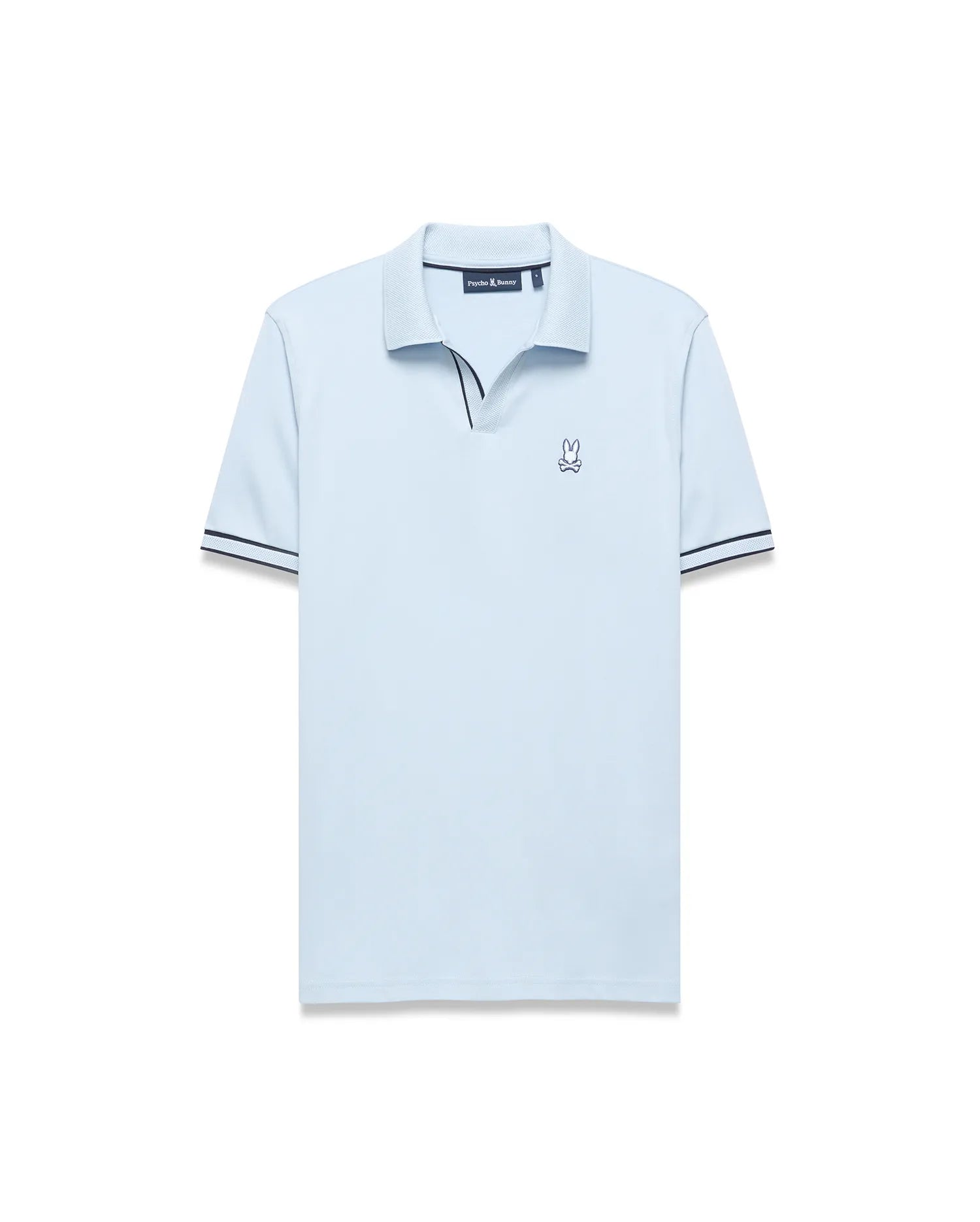 Mens Nasser Interlock Johnny Collar Polo in light blue, classic fit, smooth interlock, textured collar with navy/white tipping, navy V-neck, and embroidered Psycho Bunny logo on left chest.