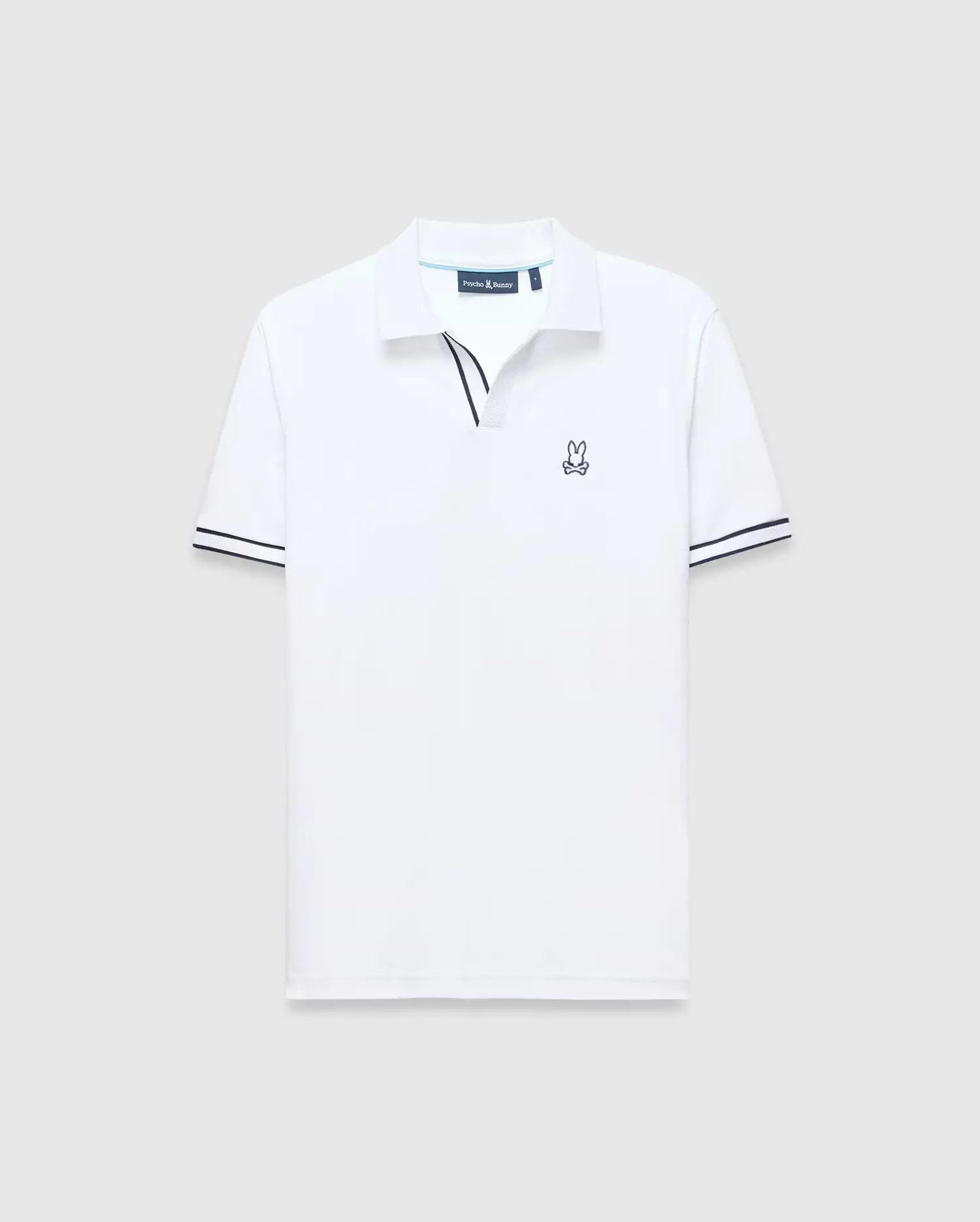 White Mens Nasser Polo, classic fit pique knit, with navy blue contrast collar trim, double striped cuffs, and an embroidered Psycho Bunny skull logo on the left chest.