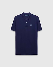 Mens Blythe Pique Polo in navy, classic fit, featuring a light blue embroidered Psycho Bunny skull logo on the left chest and subtle light blue collar trim.