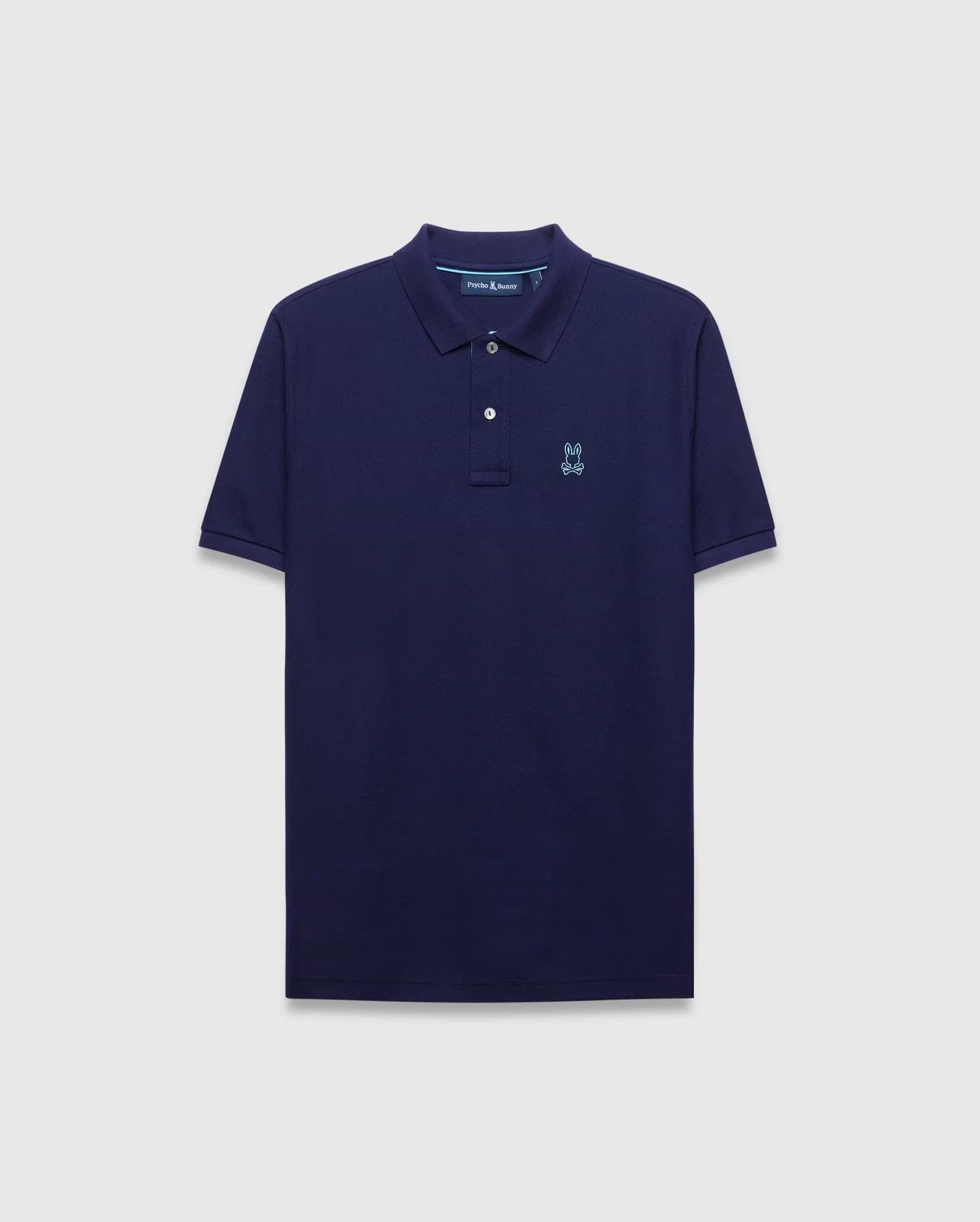 Mens Blythe Pique Polo in navy, classic fit, featuring a light blue embroidered Psycho Bunny skull logo on the left chest and subtle light blue collar trim.