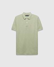 Mens Blythe Pique Polo in sage green, a classic fit polo with textured pique fabric, two-button placket, and a small embroidered orange Psycho Bunny skull logo on the left chest.