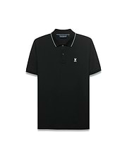 Men's Klaus Pique Polo. Black classic fit pique polo with light blue tipping on ribbed collar and cuffs, featuring a small embroidered white Psycho Bunny skull logo on the left chest. (5)