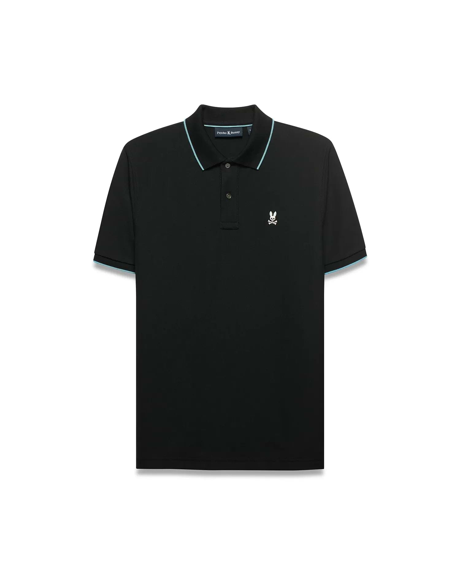 Men's Klaus Pique Polo. Black classic fit pique polo with light blue tipping on ribbed collar and cuffs, featuring a small embroidered white Psycho Bunny skull logo on the left chest. (5)