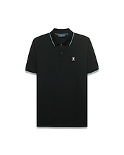 Men's Klaus Pique Polo. Black classic fit pique polo with light blue tipping on ribbed collar and cuffs, featuring a small embroidered white Psycho Bunny skull logo on the left chest. (5)