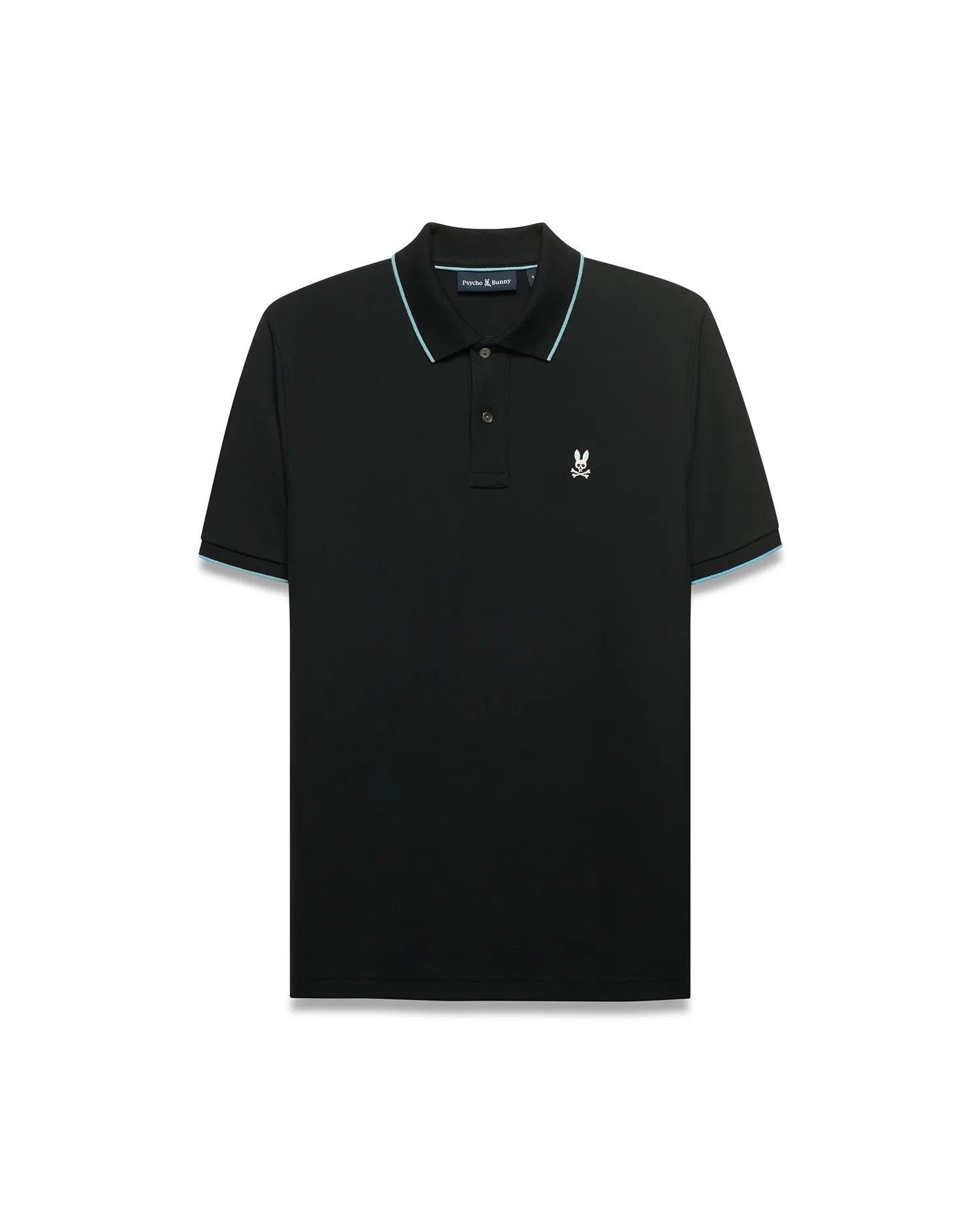 Men's Klaus Pique Polo. Black classic fit pique polo with light blue tipping on ribbed collar and cuffs, featuring a small embroidered white Psycho Bunny skull logo on the left chest. (5)