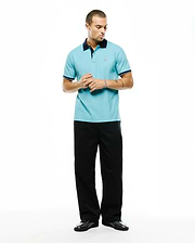 Men's Klaus Pique Polo in light blue, featuring a navy collar and cuffs with white trim. Small embroidered Psycho Bunny skull logo on the left chest. Classic fit. (4)