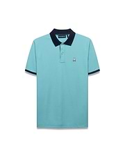 Men's Klaus Pique Polo in aqua blue, featuring a classic fit, pique knit fabric, navy blue ribbed collar and cuffs, two-button placket, and a small embroidered Psycho Bunny skull logo on the left chest. (5)