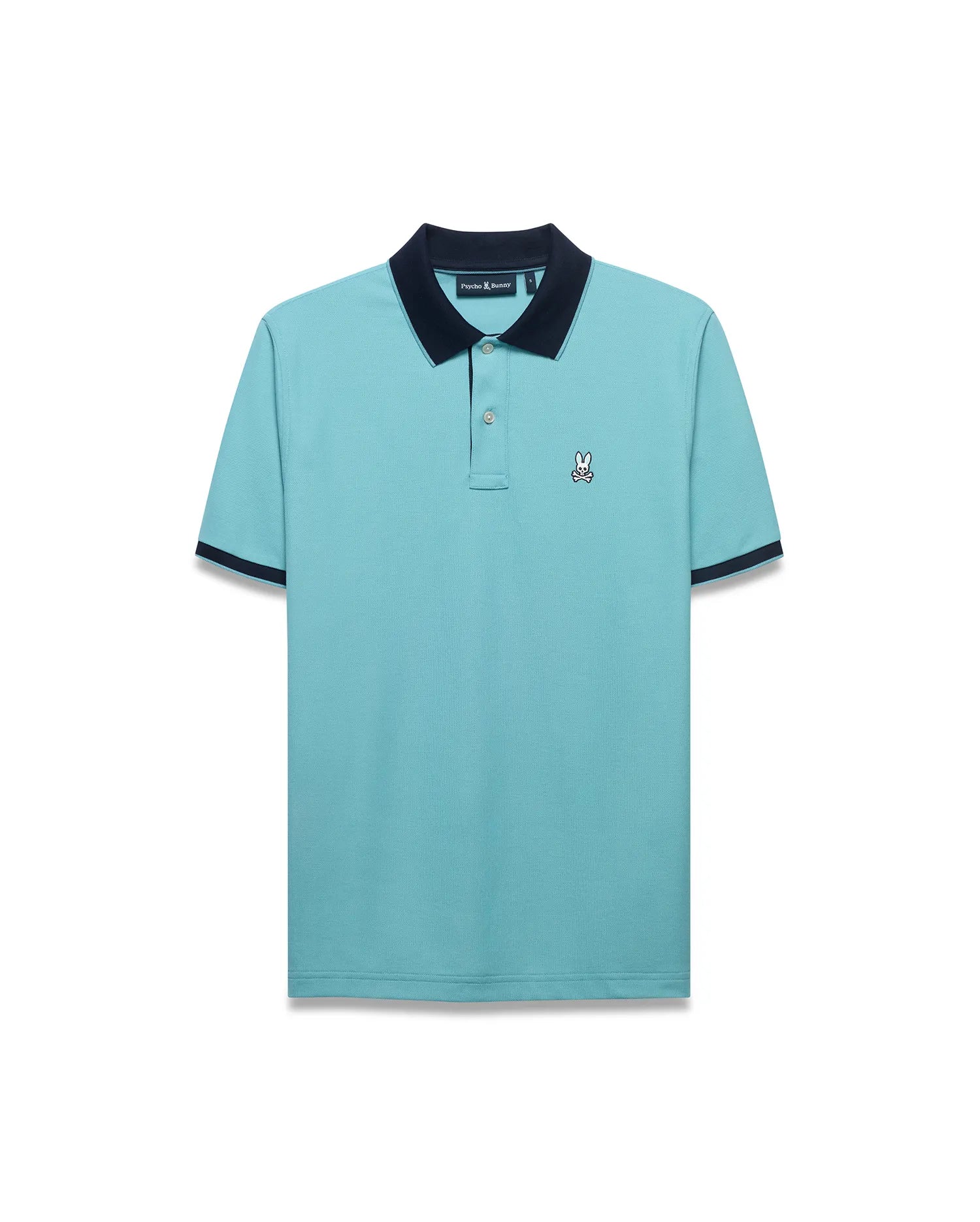 Men's Klaus Pique Polo in aqua blue, featuring a classic fit, pique knit fabric, navy blue ribbed collar and cuffs, two-button placket, and a small embroidered Psycho Bunny skull logo on the left chest. (5)