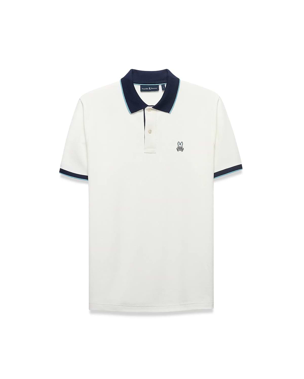 Men's Klaus Pique Polo, a classic fit off-white pique polo shirt with a navy collar and cuffs accented by light blue stripes, featuring a small embroidered Psycho Bunny skull logo on the left chest. (5)