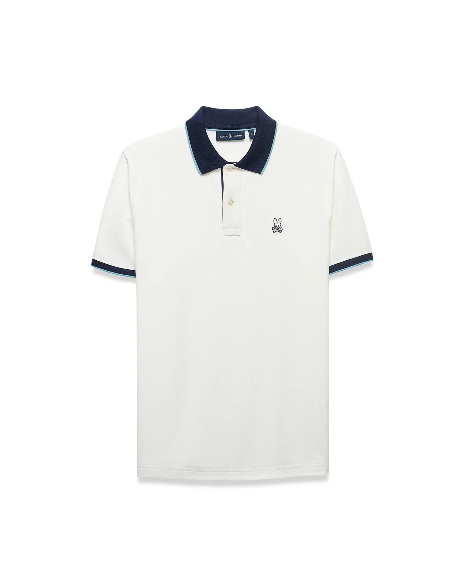 Men's Klaus Pique Polo, a classic fit off-white pique polo shirt with a navy collar and cuffs accented by light blue stripes, featuring a small embroidered Psycho Bunny skull logo on the left chest.
