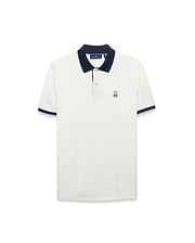 Men's Klaus Pique Polo, a classic fit off-white pique polo shirt with a navy collar and cuffs accented by light blue stripes, featuring a small embroidered Psycho Bunny skull logo on the left chest. (5)