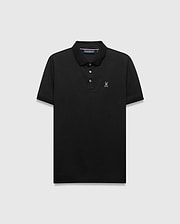 Mens Tiernan Pique Polo in black, classic fit, with a pique knit texture. Features a small white embroidered Psycho Bunny skull logo on the left chest, a three-button placket, and ribbed cuffs.