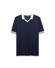 Mens Garry Jacquard Johnny Collar Polo in navy with an all-over bunny skull jacquard pattern, white Johnny collar, and ribbed cuffs with white stripes. Classic fit. (6)
