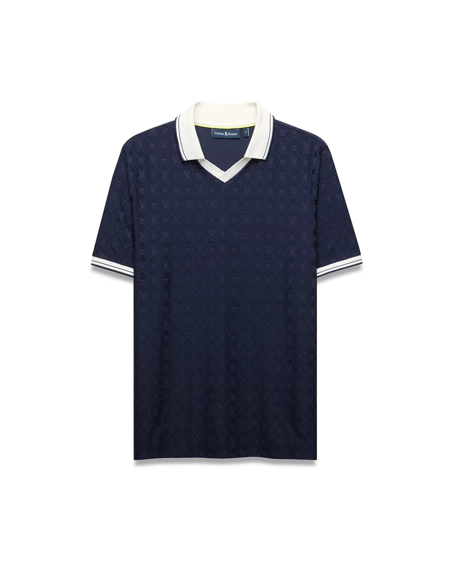 Mens Garry Jacquard Johnny Collar Polo in navy with an all-over bunny skull jacquard pattern, white Johnny collar, and ribbed cuffs with white stripes. Classic fit. (6)