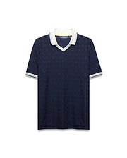 Mens Garry Jacquard Johnny Collar Polo in navy with an all-over bunny skull jacquard pattern, white Johnny collar, and ribbed cuffs with white stripes. Classic fit. (6)