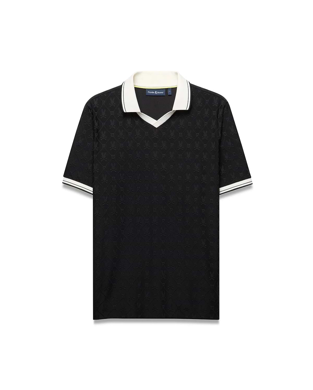 Mens Garry Jacquard Johnny Collar Polo. Black jacquard knit polo with subtle all-over bunny skull logo pattern, white Johnny collar with lime trim, and white striped cuffs. Classic fit. (4)