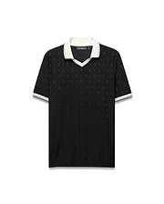 Mens Garry Jacquard Johnny Collar Polo. Black jacquard knit polo with subtle all-over bunny skull logo pattern, white Johnny collar with lime trim, and white striped cuffs. Classic fit. (4)