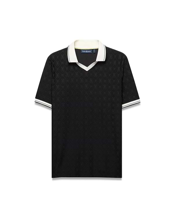 Mens Garry Jacquard Johnny Collar Polo. Black jacquard knit polo with subtle all-over bunny skull logo pattern, white Johnny collar with lime trim, and white striped cuffs. Classic fit. (4)