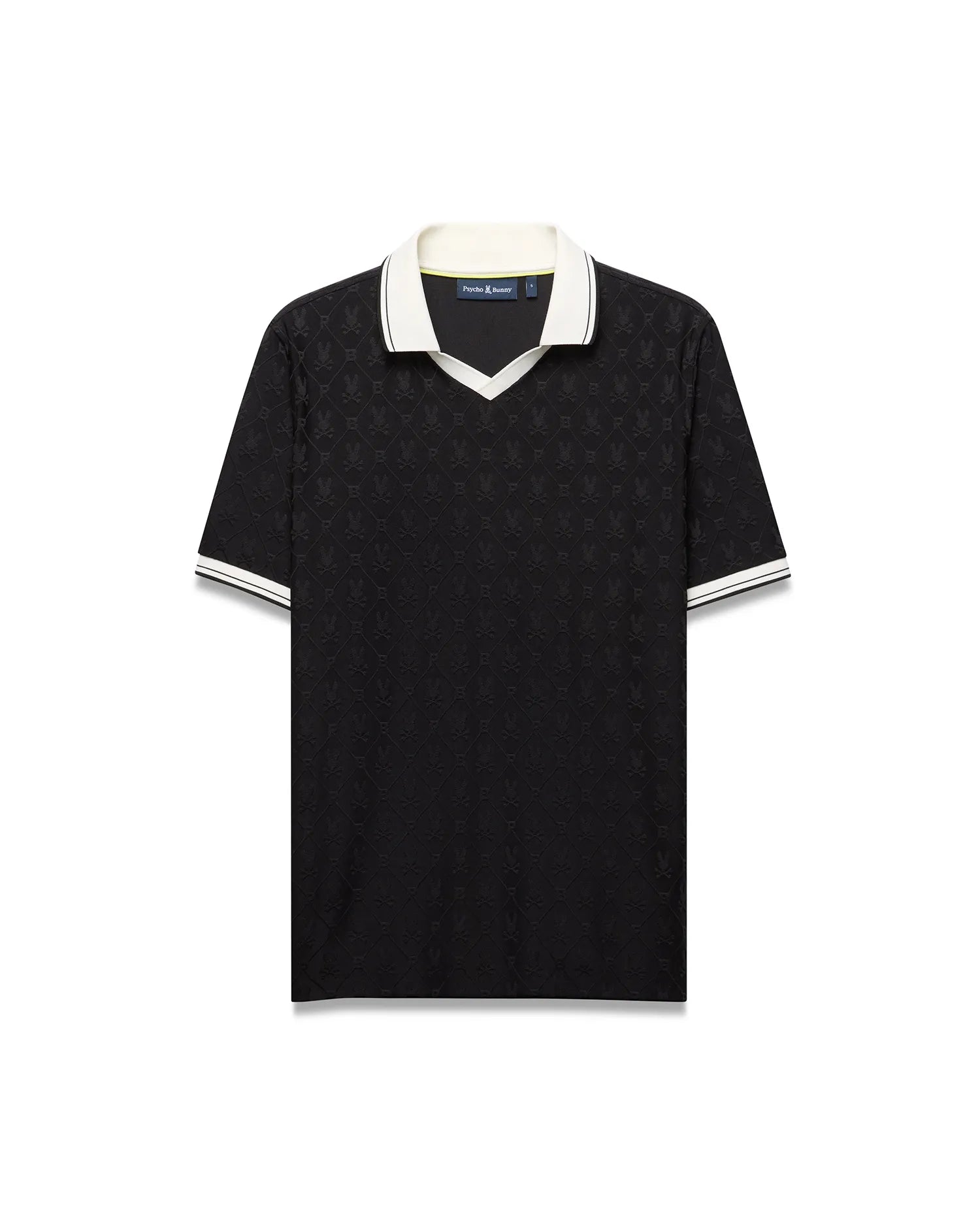 Mens Garry Jacquard Johnny Collar Polo. Black jacquard knit polo with subtle all-over bunny skull logo pattern, white Johnny collar with lime trim, and white striped cuffs. Classic fit. (4)