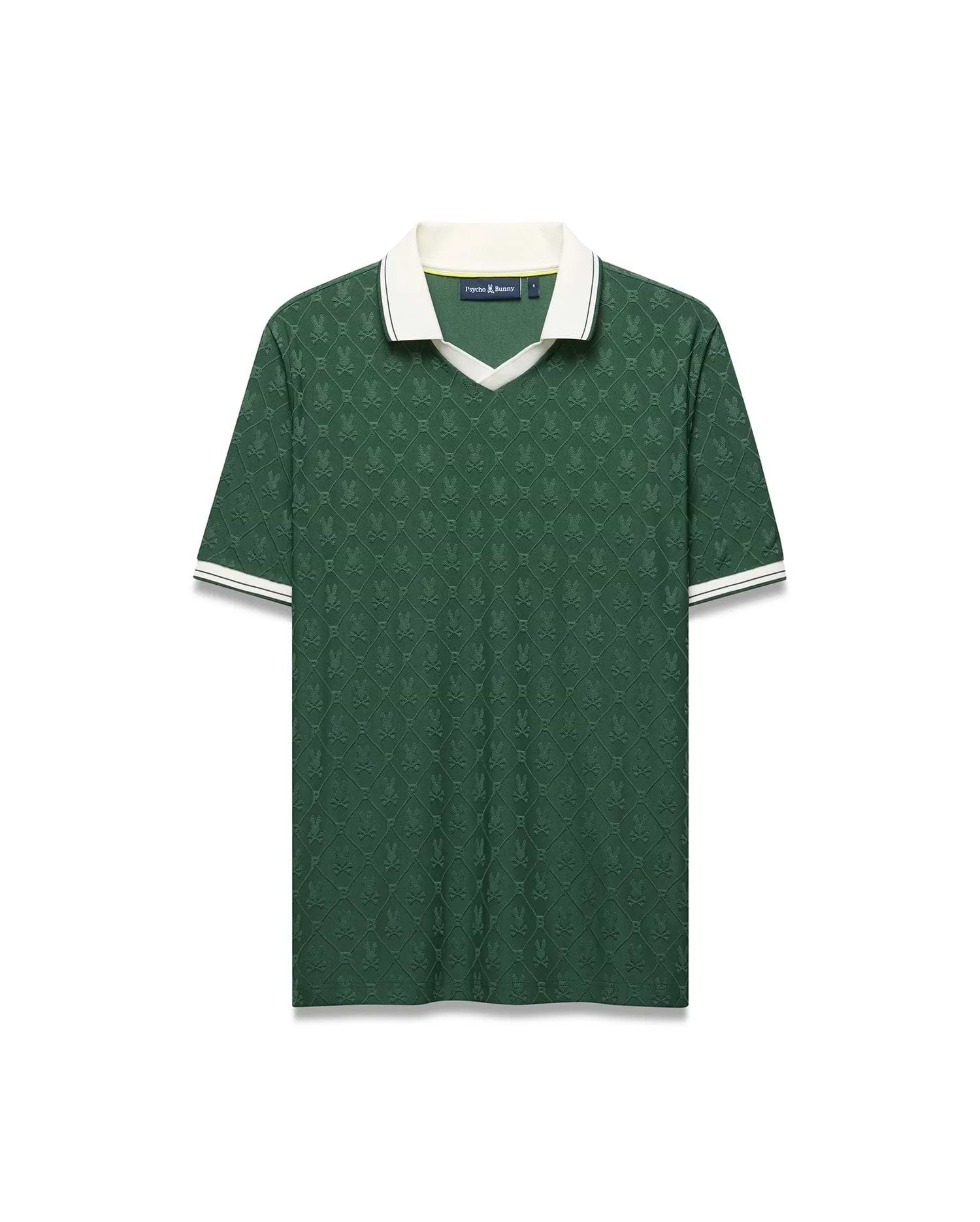 Mens Garry Jacquard Johnny Collar Polo, deep green with tonal bunny skull jacquard. Features a white Johnny collar and striped ribbed cuffs, plus a small embroidered Psycho Bunny logo on the left chest. (8)