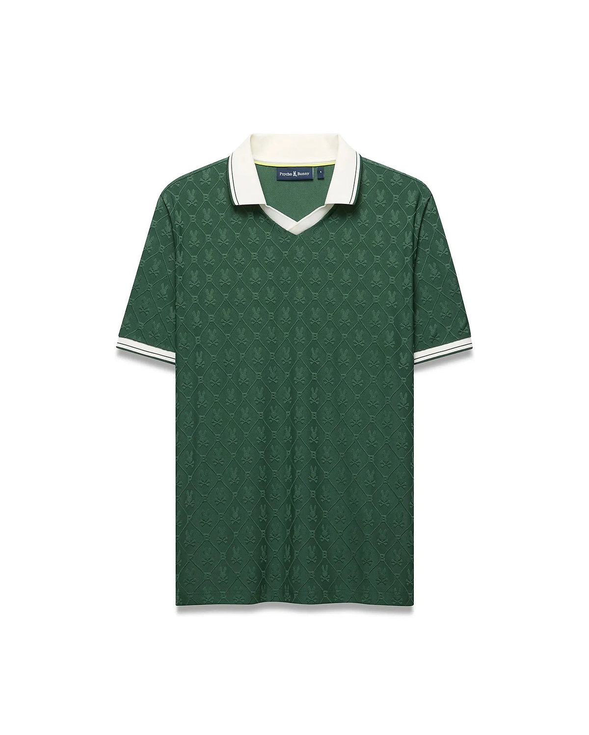 Mens Garry Jacquard Johnny Collar Polo, deep green with tonal bunny skull jacquard. Features a white Johnny collar and striped ribbed cuffs, plus a small embroidered Psycho Bunny logo on the left chest. (8)