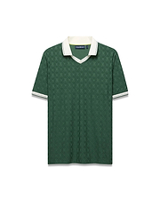 Mens Garry Jacquard Johnny Collar Polo, deep green with tonal bunny skull jacquard. Features a white Johnny collar and striped ribbed cuffs, plus a small embroidered Psycho Bunny logo on the left chest. (8)