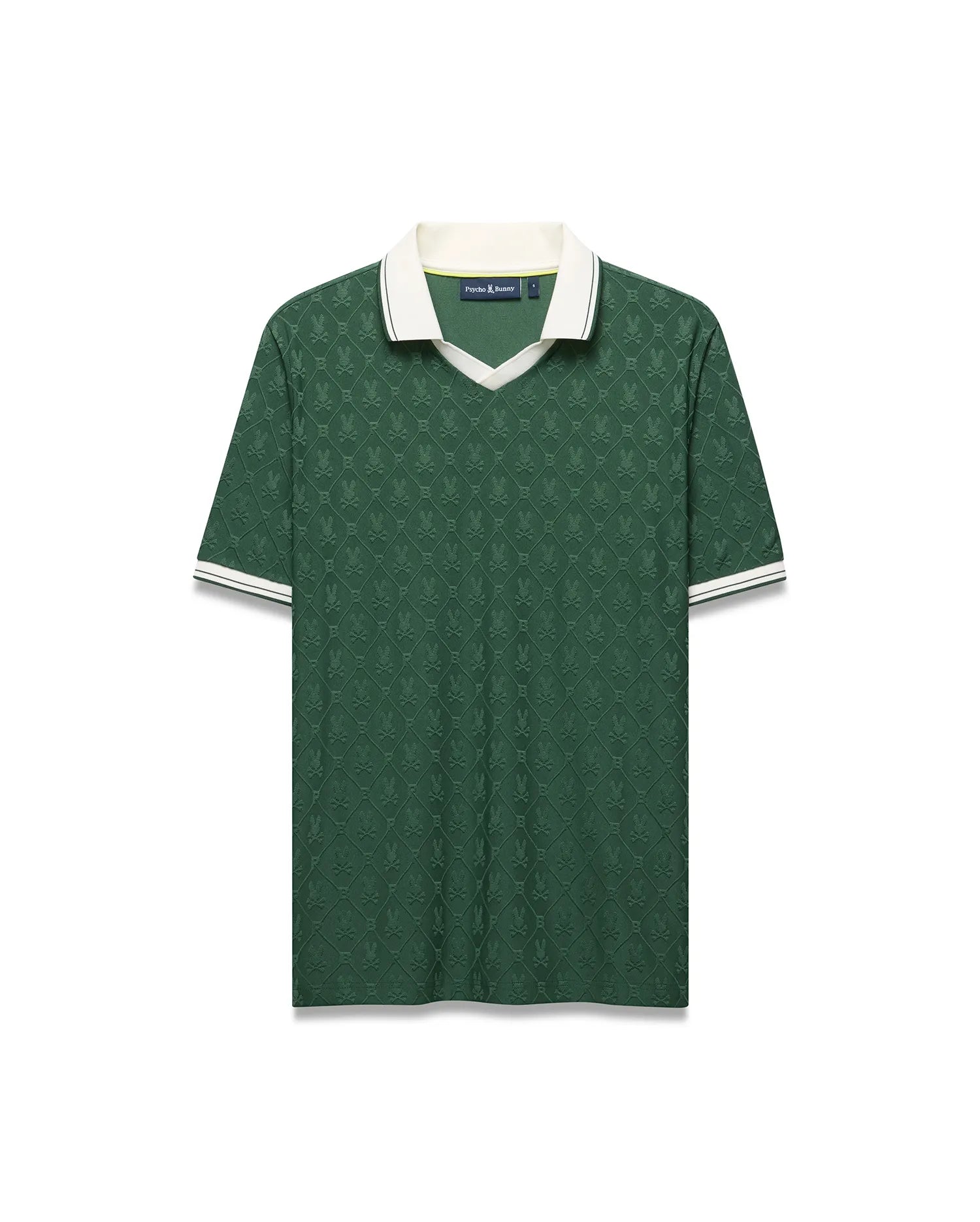 Mens Garry Jacquard Johnny Collar Polo, deep green with tonal bunny skull jacquard. Features a white Johnny collar and striped ribbed cuffs, plus a small embroidered Psycho Bunny logo on the left chest. (8)