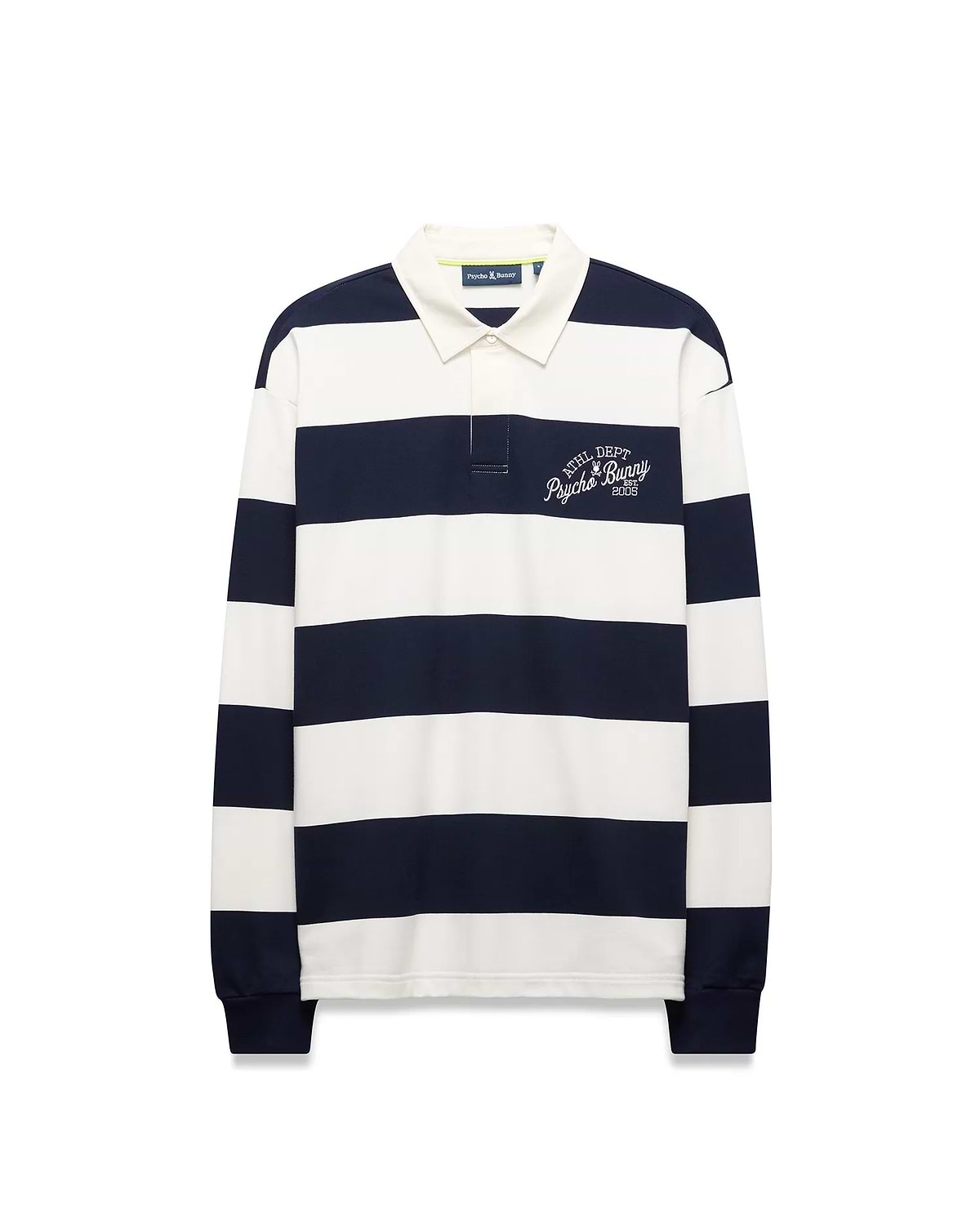 Mens Keven Ls Relaxed Fit Polo in navy and white horizontal stripes, featuring an off-white collar, two-button placket, and embroidered ATHL. DEPT. Psycho Bunny EST. 2005 logo on the left chest. (7)