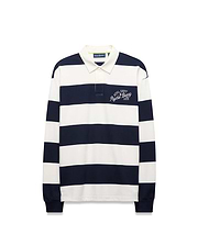 Mens Keven Ls Relaxed Fit Polo in navy and white horizontal stripes, featuring an off-white collar, two-button placket, and embroidered ATHL. DEPT. Psycho Bunny EST. 2005 logo on the left chest. (7)
