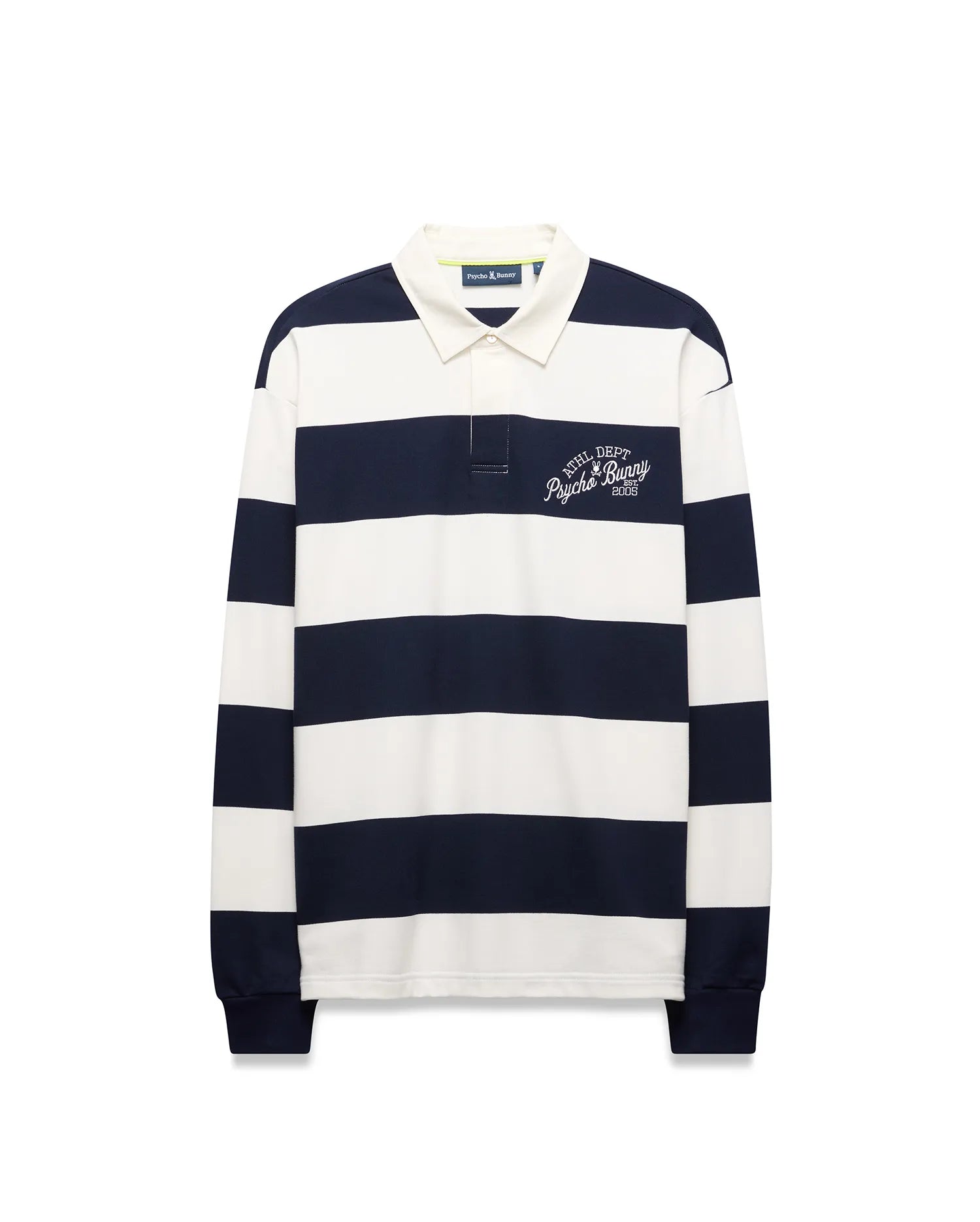 Mens Keven Ls Relaxed Fit Polo in navy and white horizontal stripes, featuring an off-white collar, two-button placket, and embroidered ATHL. DEPT. Psycho Bunny EST. 2005 logo on the left chest. (7)