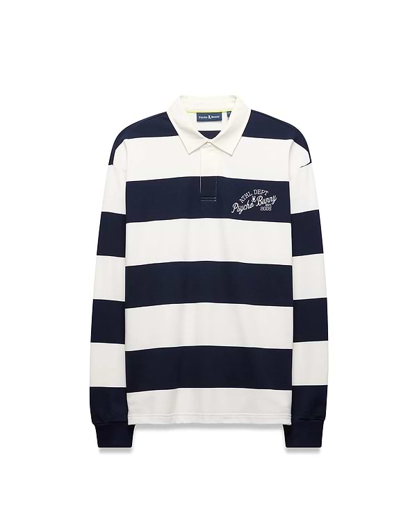 Mens Keven Ls Relaxed Fit Polo in navy and white horizontal stripes, featuring an off-white collar, two-button placket, and embroidered ATHL. DEPT. Psycho Bunny EST. 2005 logo on the left chest. (7)