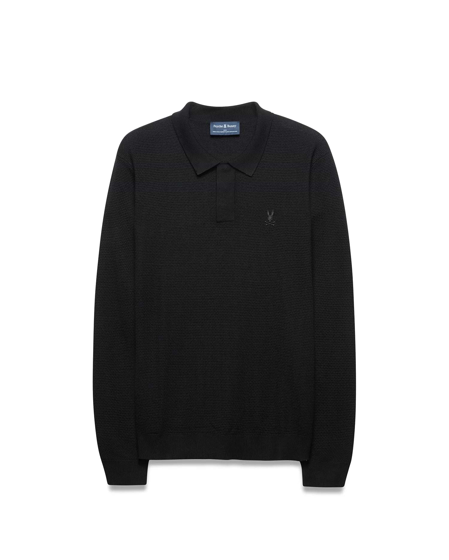 Mens Leroy Long Sleeve Knit Polo in black, featuring a classic fit, textured knit fabric, and a small, tonal embroidered Psycho Bunny skull logo on the left chest.