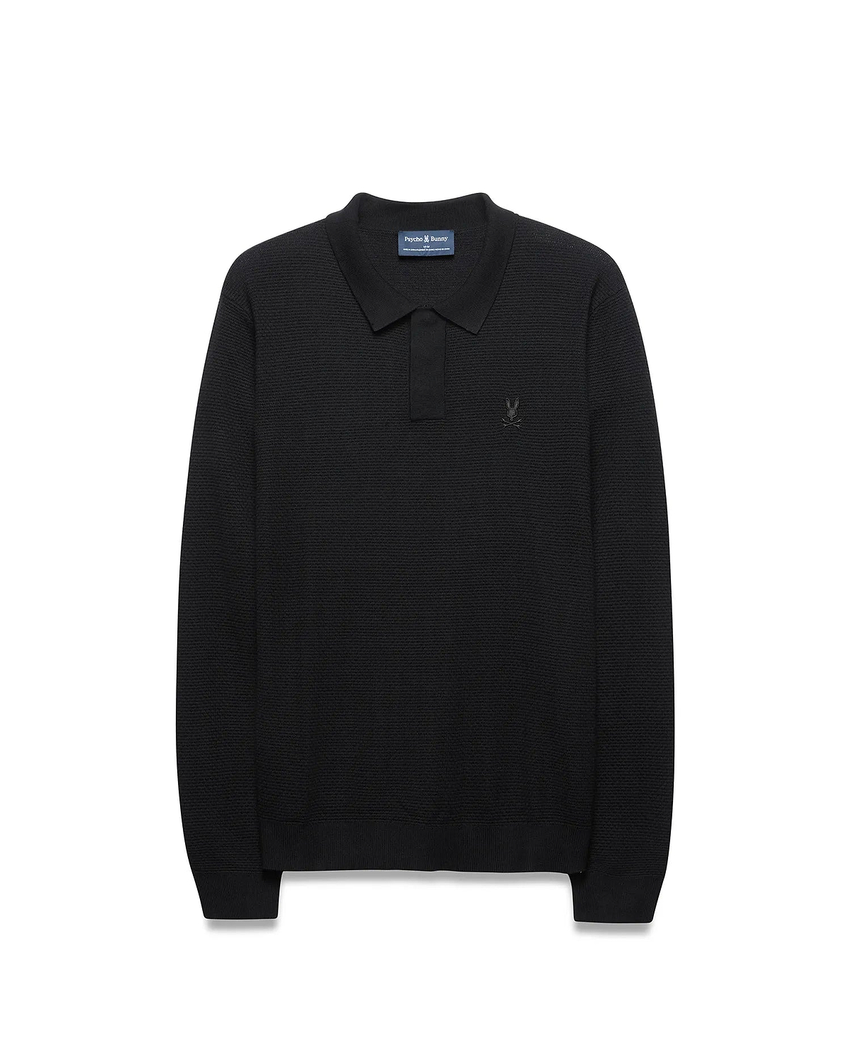 Mens Leroy Long Sleeve Knit Polo in black, featuring a classic fit, textured knit fabric, and a small, tonal embroidered Psycho Bunny skull logo on the left chest.