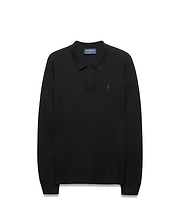 Mens Leroy Long Sleeve Knit Polo in black, featuring a classic fit, textured knit fabric, and a small, tonal embroidered Psycho Bunny skull logo on the left chest.