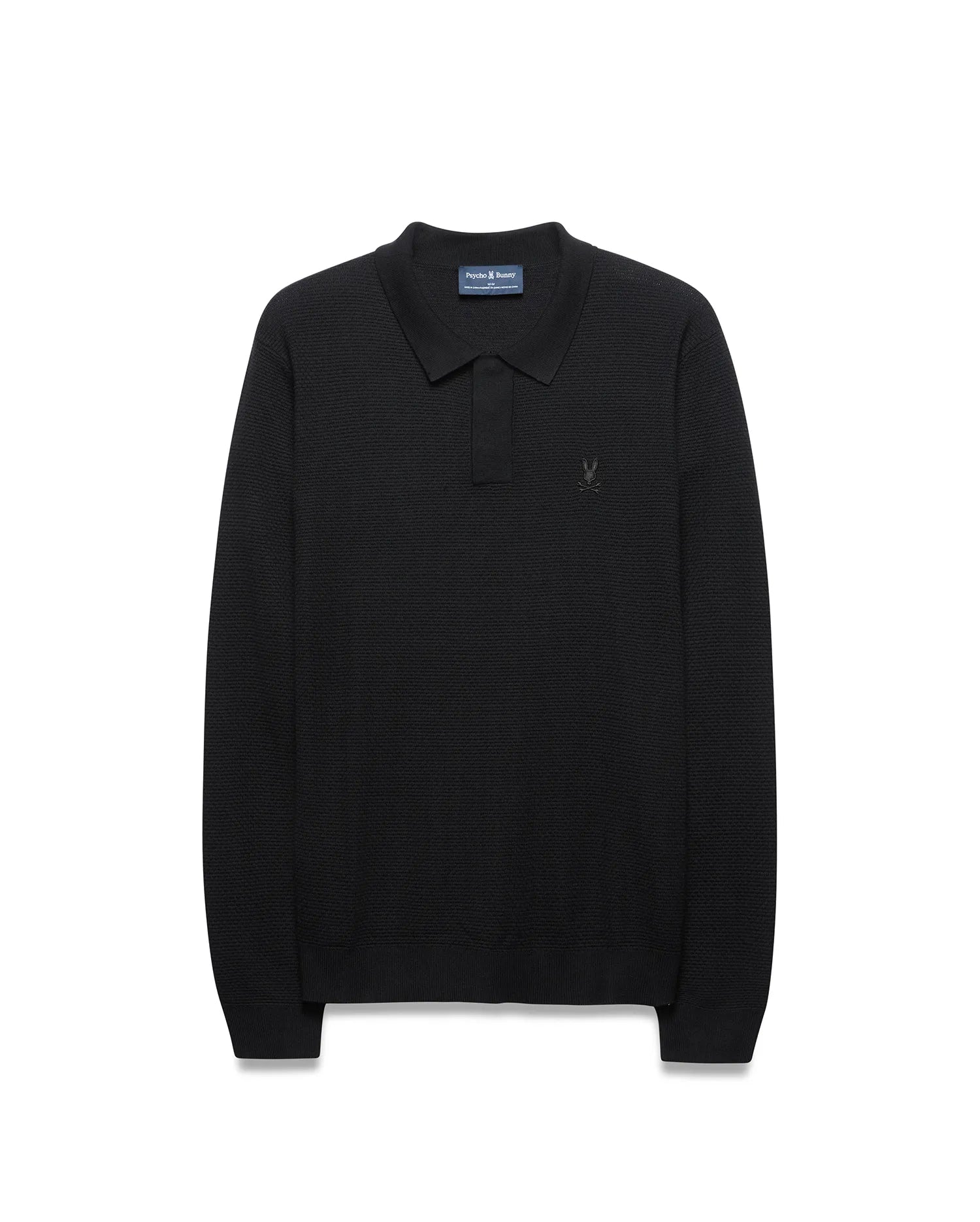 Mens Leroy Long Sleeve Knit Polo in black, featuring a classic fit, textured knit fabric, and a small, tonal embroidered Psycho Bunny skull logo on the left chest.