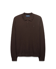 Men's Leroy Longsleeve Knit Polo in chocolate brown, featuring a subtle textured knit pattern, classic fit, and a small tonal embroidered Psycho Bunny skull logo on the left chest. (5)
