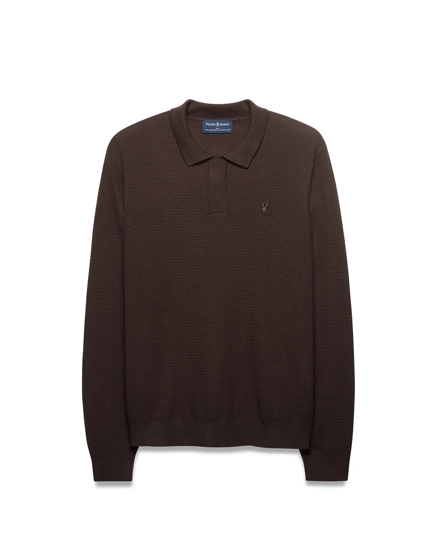 Men's Leroy Longsleeve Knit Polo in chocolate brown, featuring a subtle textured knit pattern, classic fit, and a small tonal embroidered Psycho Bunny skull logo on the left chest. (5)