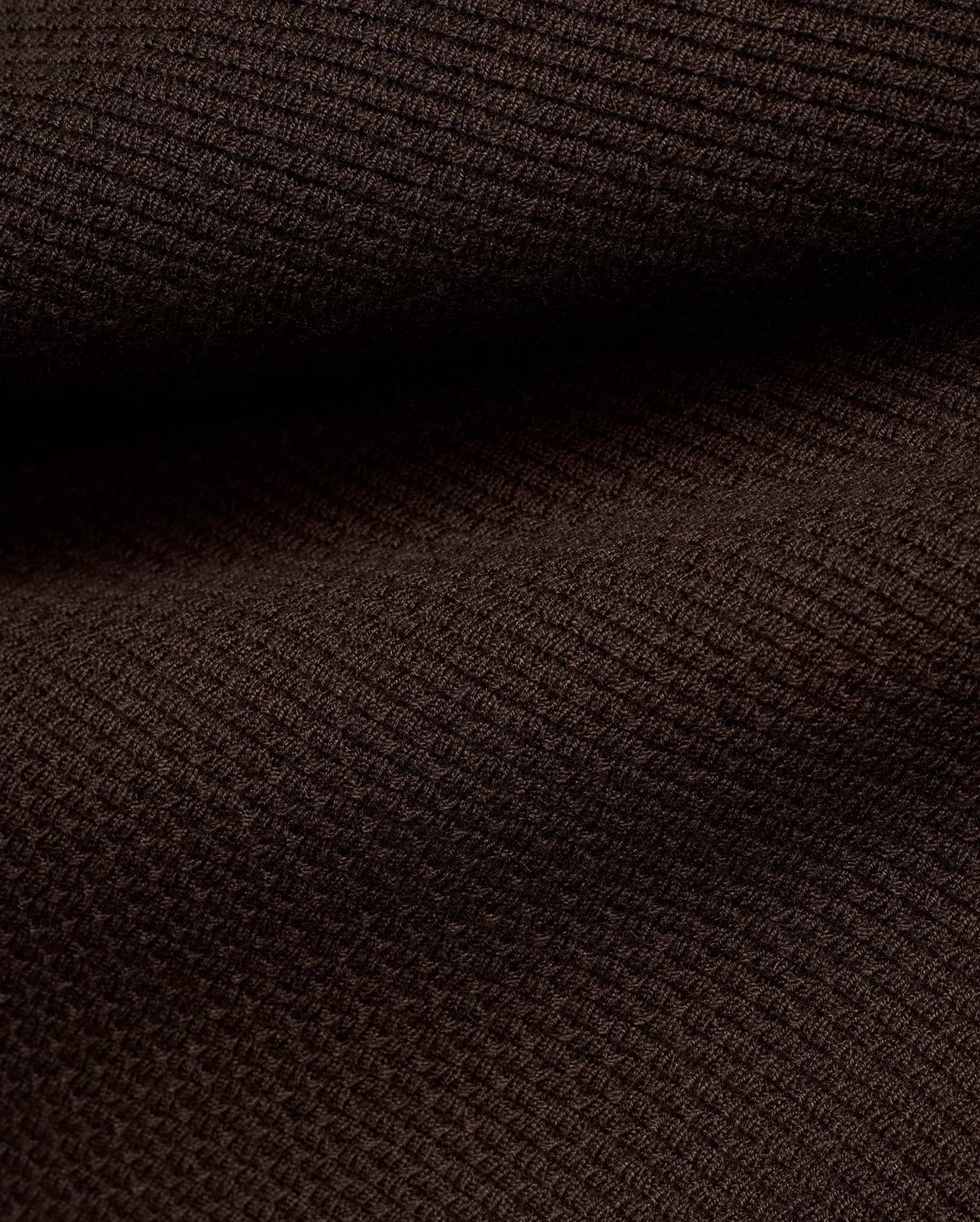 Men's Leroy Longsleeve Knit Polo in rich dark brown, featuring a premium fine knit fabric with a subtle, refined diagonal ribbed texture, characteristic of Psycho Bunny's quality. (6)