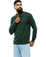 Dark green Mens Leroy Long Sleeve Knit Polo, classic fit, featuring a textured knit fabric, polo collar, ribbed cuffs and hem, and a small embroidered Psycho Bunny skull logo on the left chest. (3)